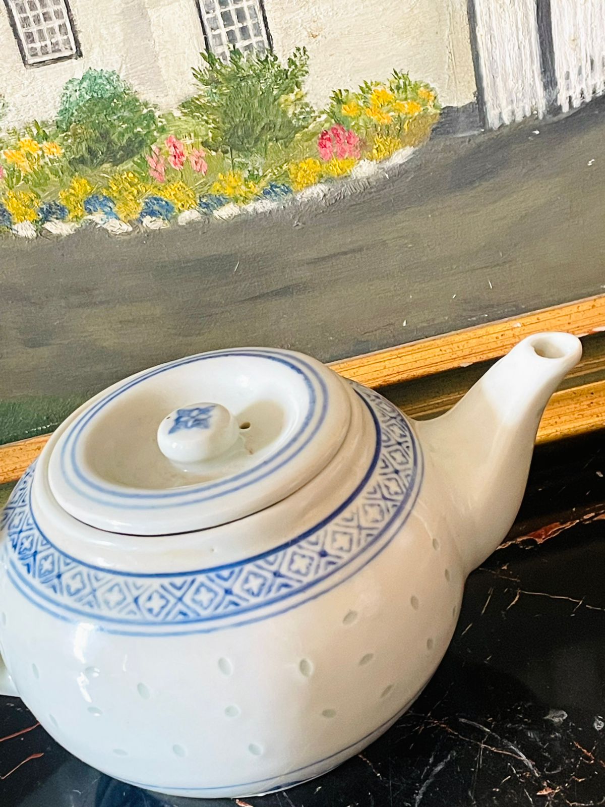Vintage 1980s Chinese Porcelain Rice Grain Ware Teapot – Blue & White