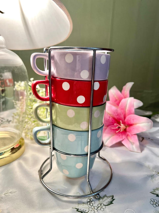 M&S Hand-Painted Polka Dot Ceramic Cups – 5 Piece Set