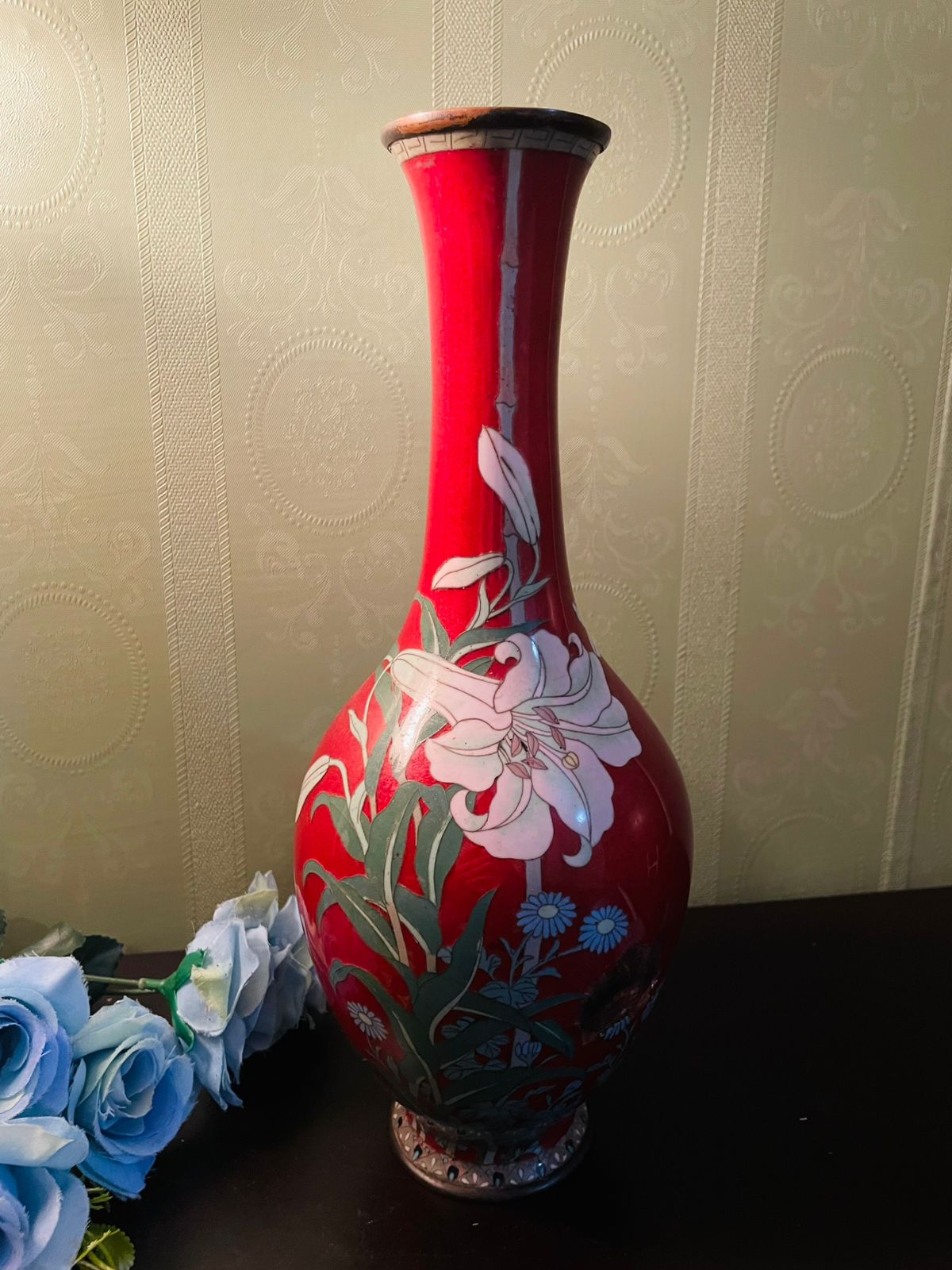 Vintage Red Cloisonné Vase with White Lily Design