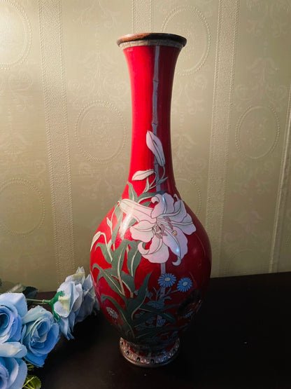 Vintage Red Cloisonné Vase with White Lily Design