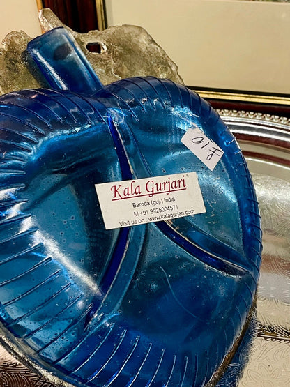 Blue Glass & Metal Leaf-Shape Divided Serving Dish, Silverware