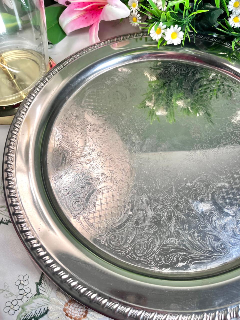 Silver-Tone Engraved Round Serving Tray – 38 cm