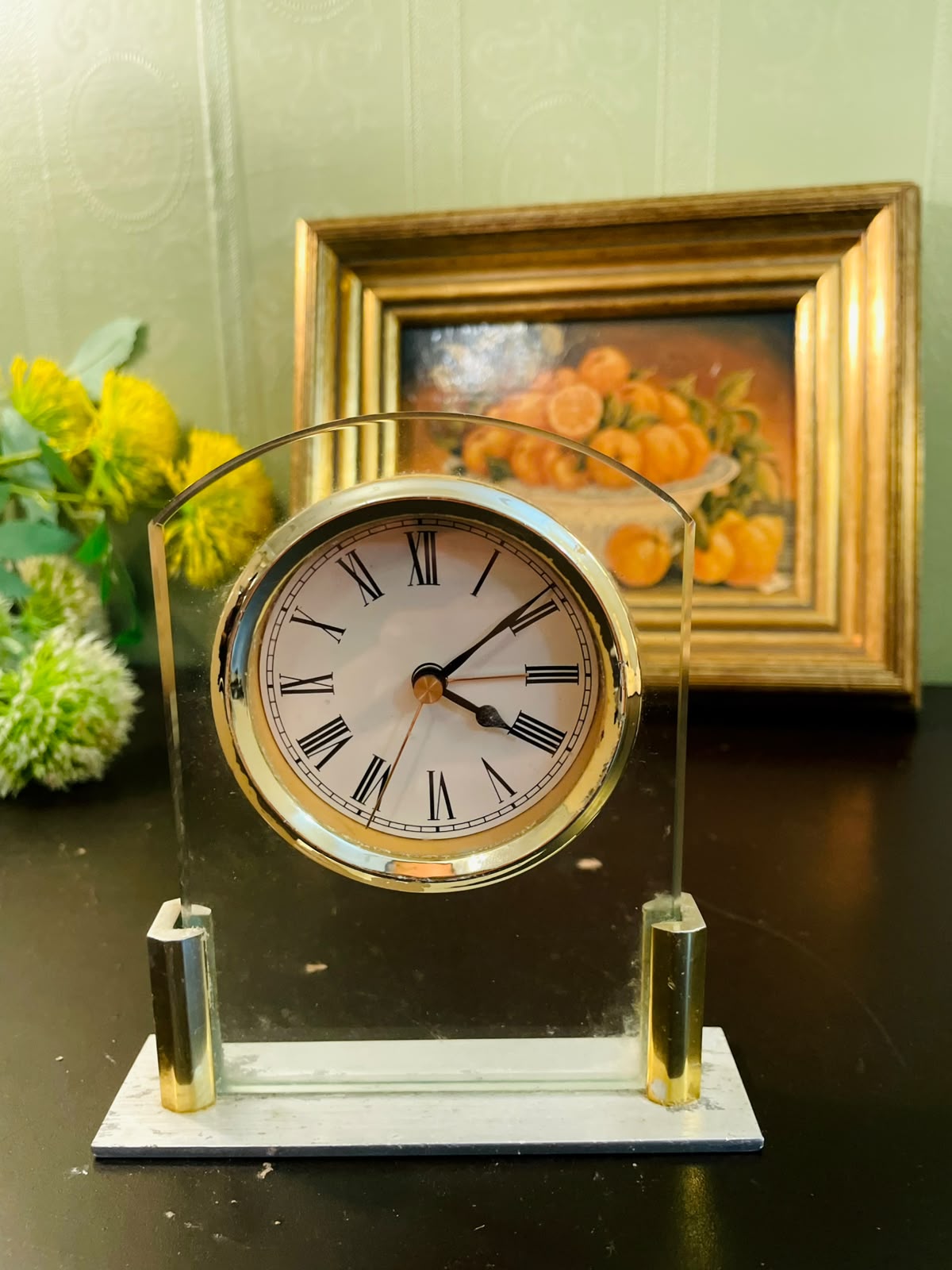 Vintage Glass Mantel Clock with Roman Numerals 5 Inch Desk Clock