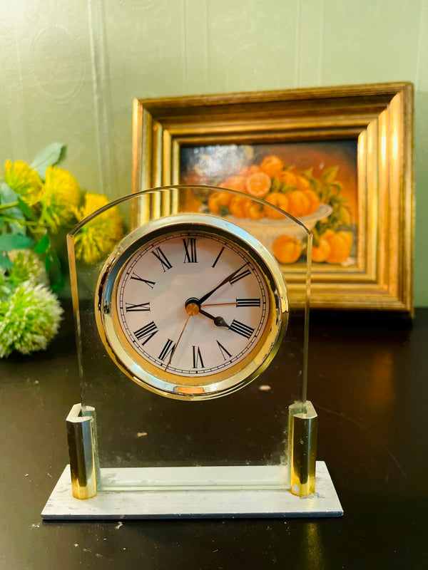 Vintage Glass Mantel Clock with Roman Numerals 5 Inch Desk Clock