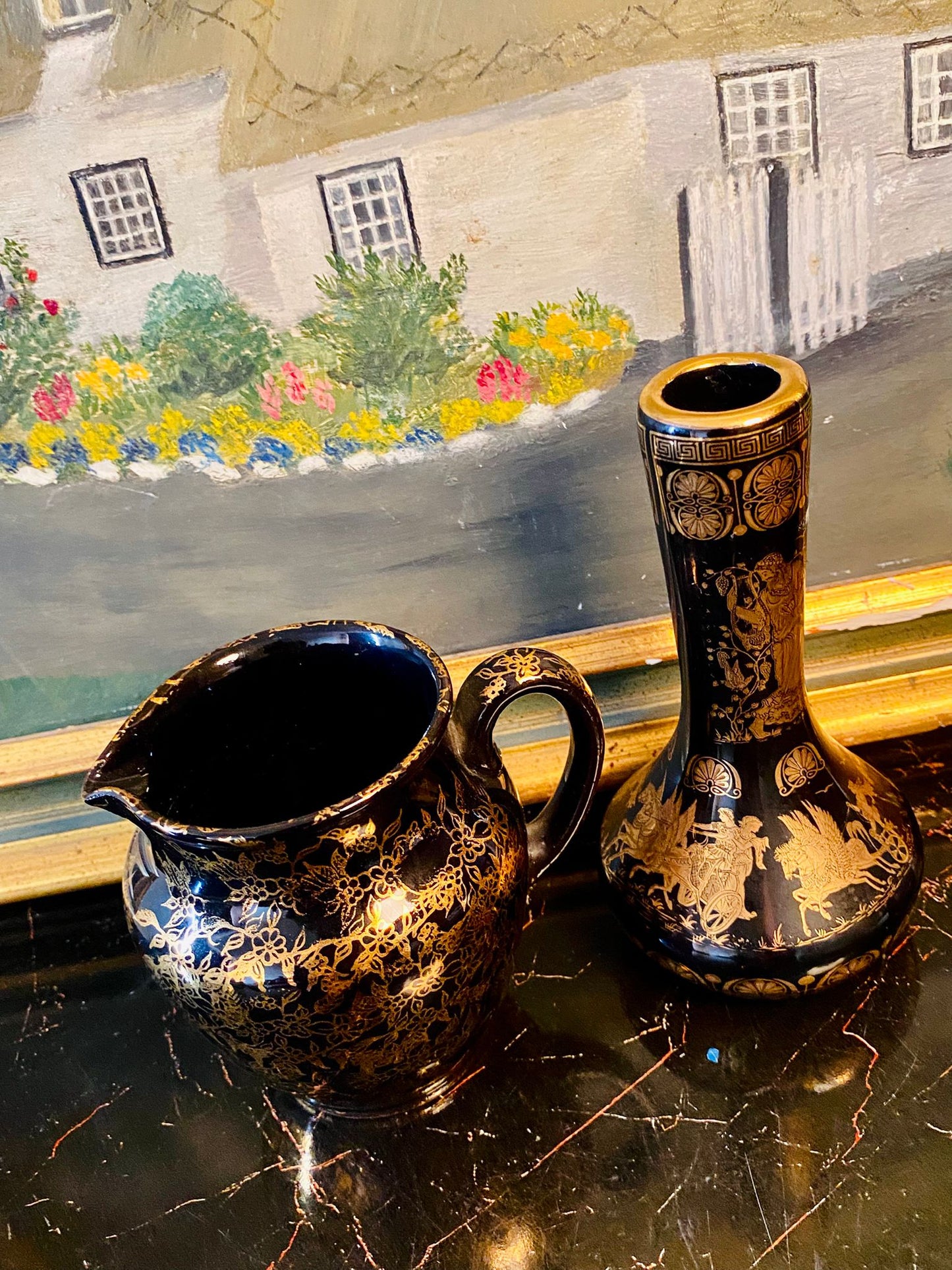 Set of 2 Greek Ceramotechnica Art Pieces – 24kt Black & Gold Jug and Vase Set (6–7 Inches Tall)