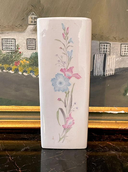 vintage vase, ceramic flower vase, pastel home decor, english cottage vase, floral ceramic decor, sunset kitchen finds, vintage home accessories pakistan, rectangular ceramic vase, rare thrift find, english vintage decor, floral pottery england, cottagecore vase, home styling pakistan