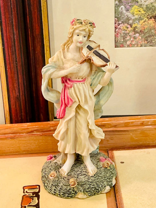 music figurine, violin girl ornament, musical home decor, vintage figurine, floral resin statue, cottagecore decor, romantic shelf decor, elegant collectible, violin themed gift, classical art decor