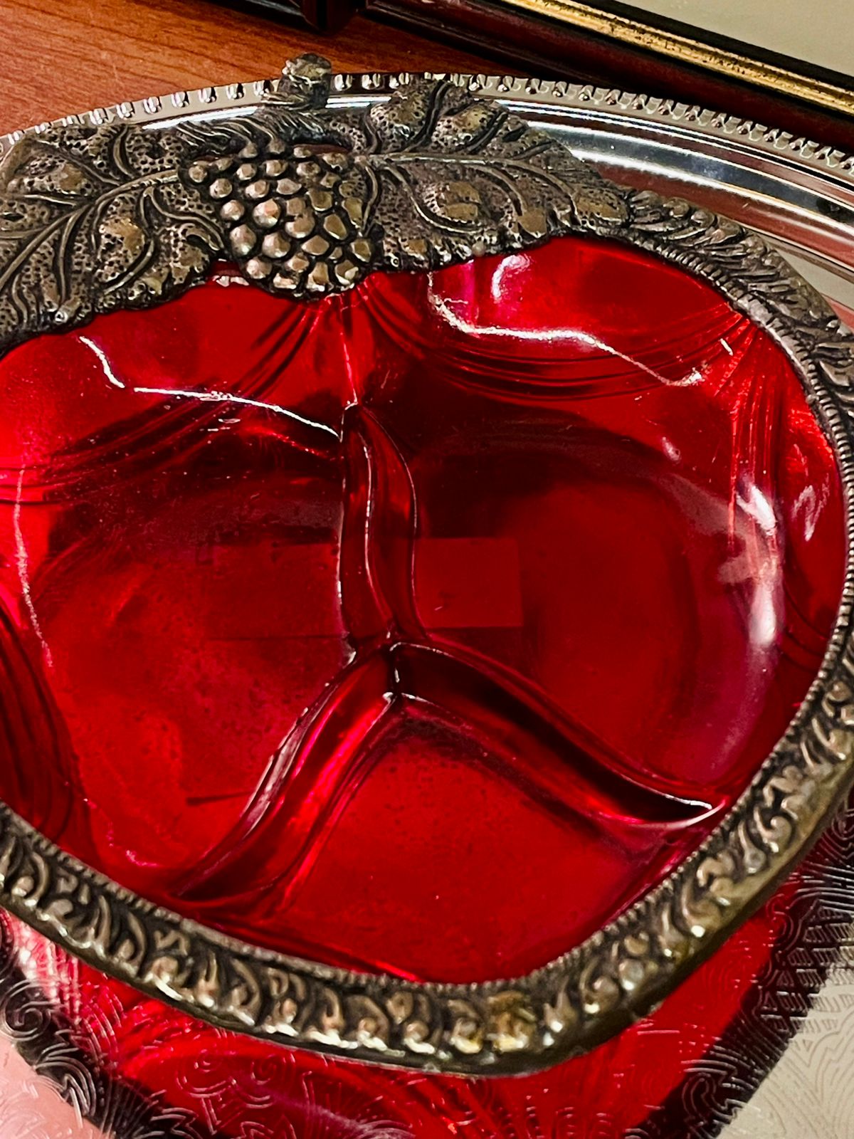 Red Glass & Metal Leaf-Shape Divided Serving Dish , Silverware