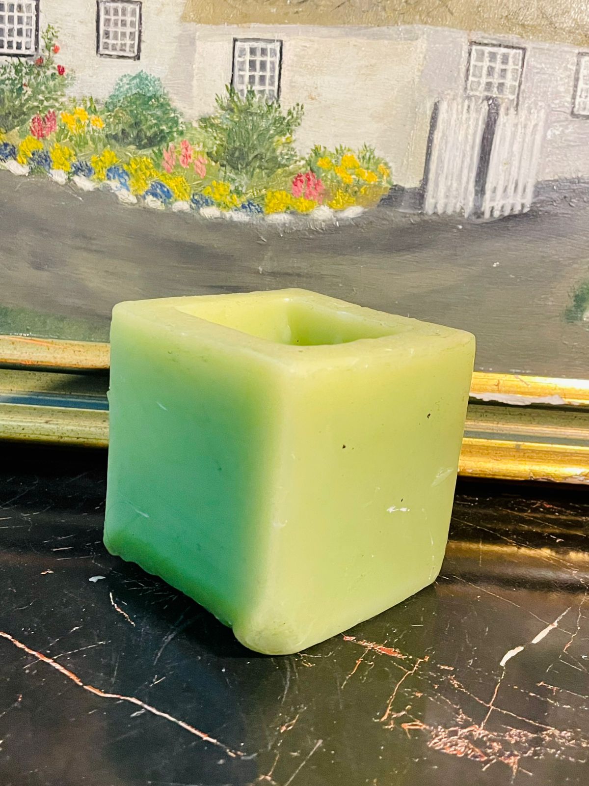 Square Green Wax Candle Holder with Metal Hamsa Motif — Boho Chic Decor