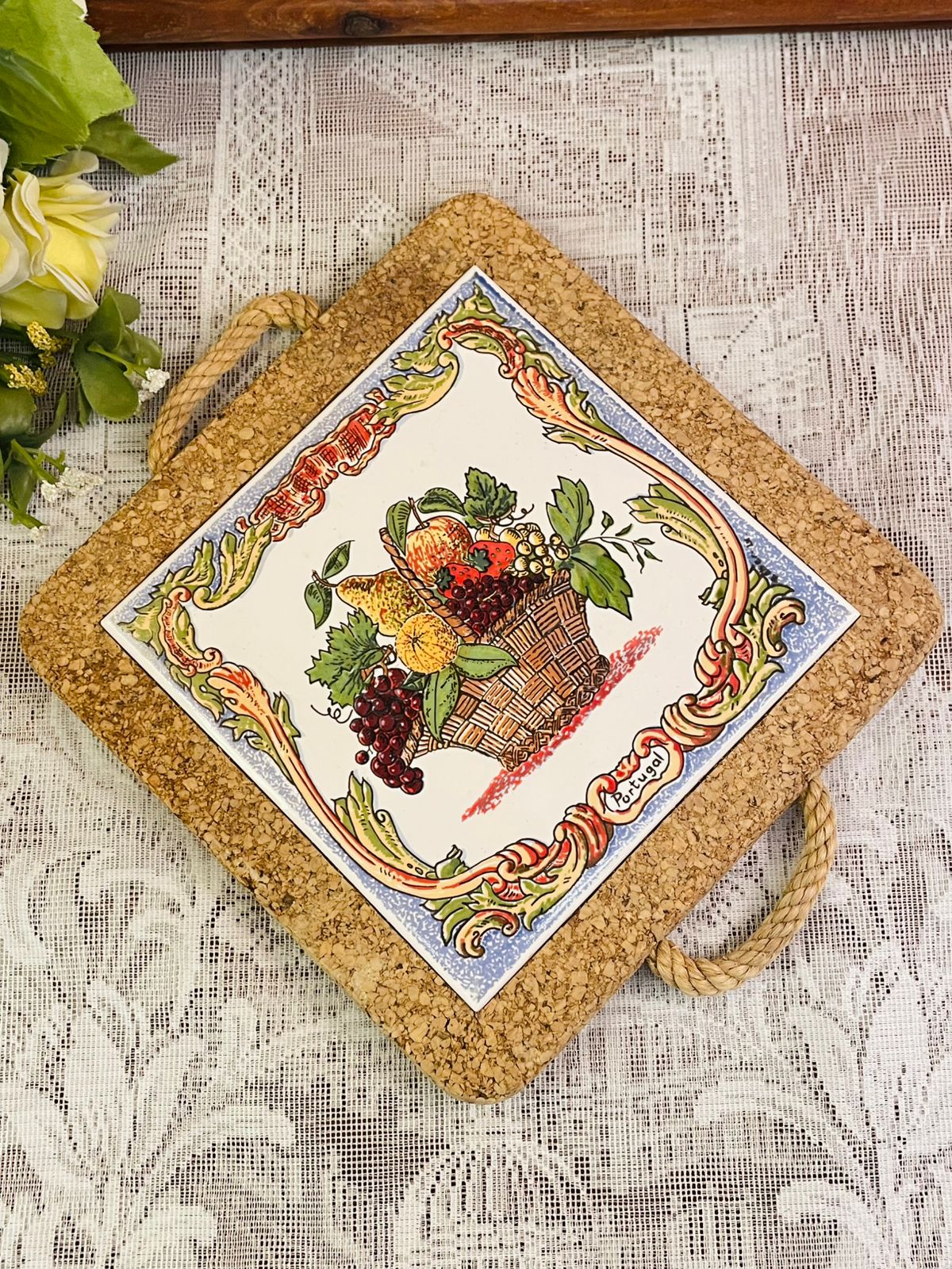 Portuguese Fruit Basket Tile Cork Trivet Decor 9 inch
