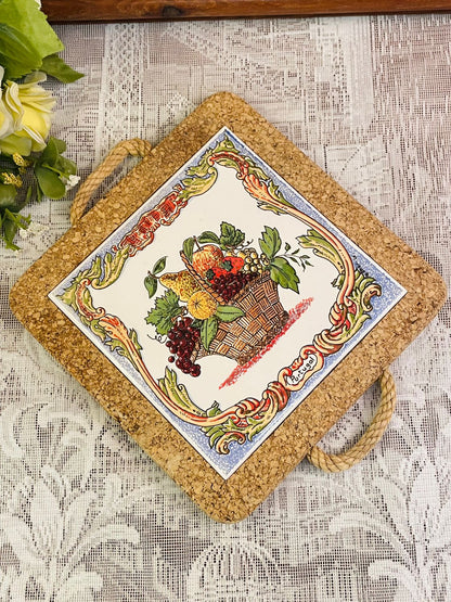 Portuguese Fruit Basket Tile Cork Trivet Decor 9 inch