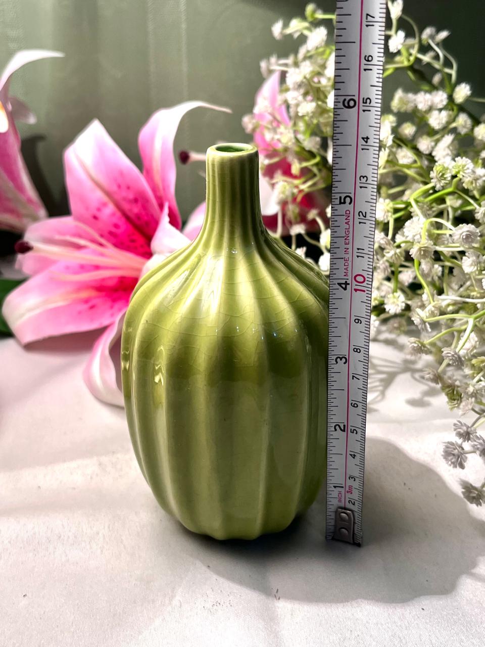 Green Ribbed Ceramic Bud Vase 5.5 Inch