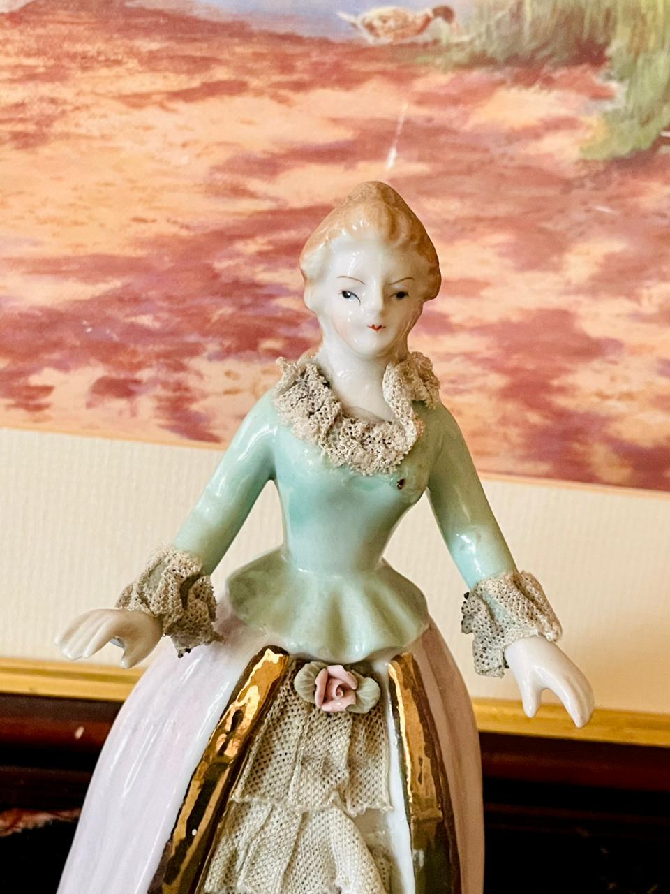 Vintage Porcelain Lady Figurine – Handcrafted with Lace Dress & Gold Trim