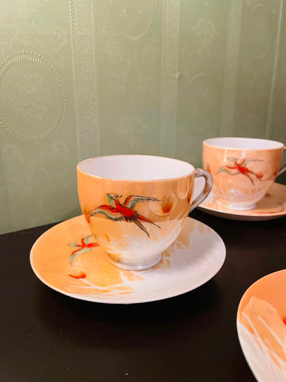 Set of 4 Vintage Bird Tea Cup & Saucer Set Floral China