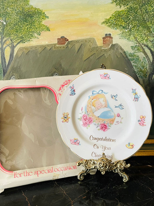 christening plate, polly-anna fine bone china, baptism gift, baby keepsake plate, vintage christening china, english bone china, collectible baby gift, nursery decor, baptism souvenir, white decorative plate