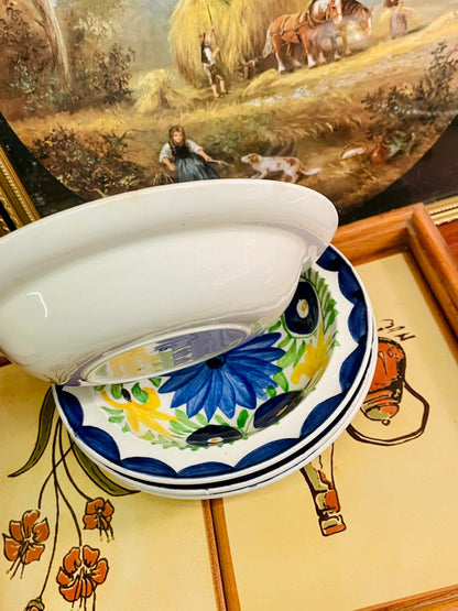 Set of 4 Hand-Painted Floral Bowls – Blue & Yellow Ceramic, Oven Safe