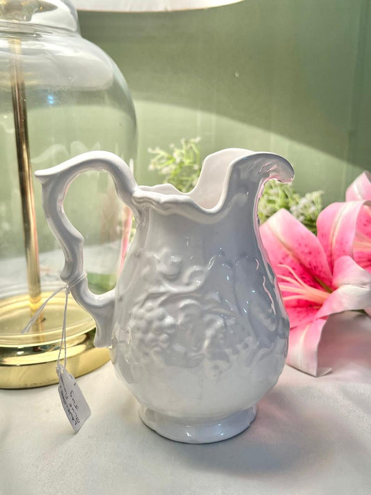 White Embossed Floral Porcelain Pitcher Jug – Portugal, 6 Inches