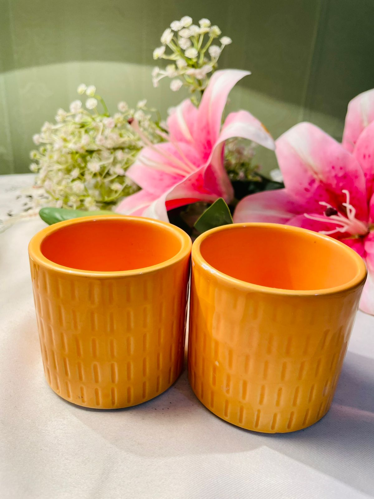 Orange Textured Ceramic Mini Planters 2pc Set 3 in