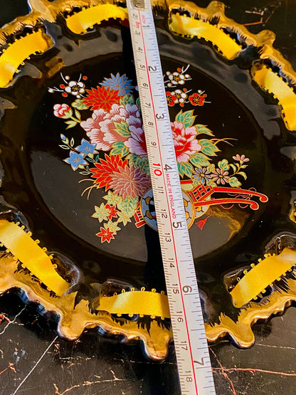 (Rare find) Japanese Floral Decor Plate with Ribbon Accent – Hand-Painted Porcelain (Approx. 7 Inches)