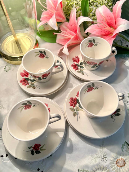 Johnson Bros England Rose Tea Set – 4 Cups, 4 Saucers & 4 Side Plates – 12 Piece Floral Set