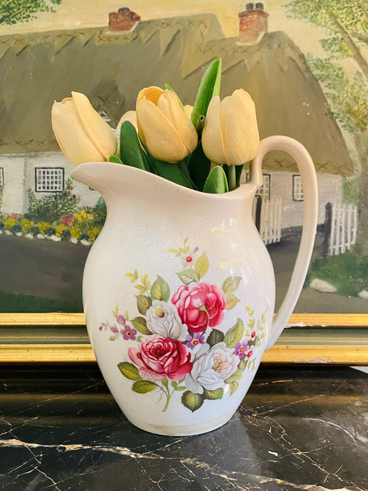 White Ceramic Flowery Jug Pitcher Vase – Glazed Decorative Home Décor