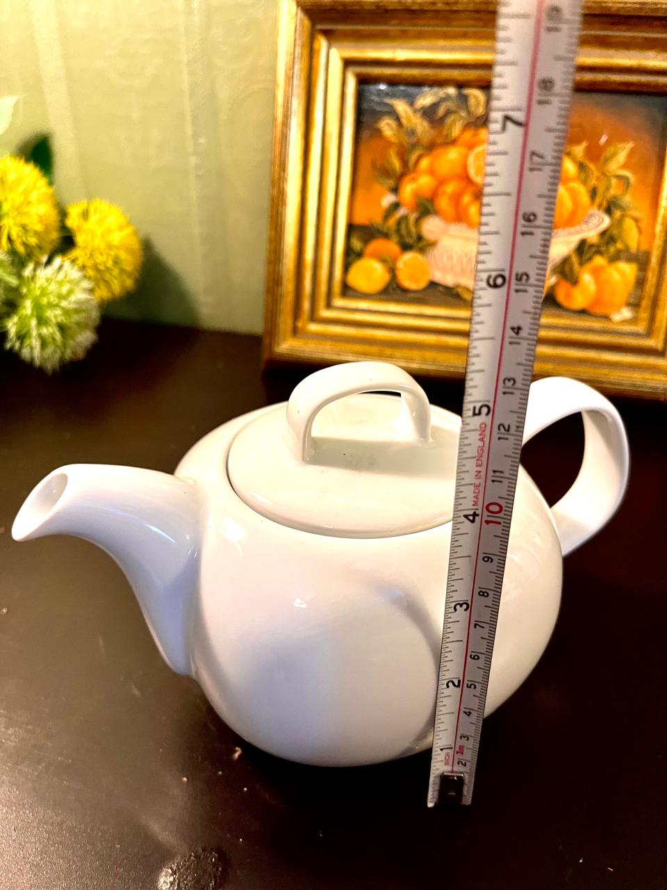 Vintage White Ceramic Teapot with Sculpted Handle – 5 Inch