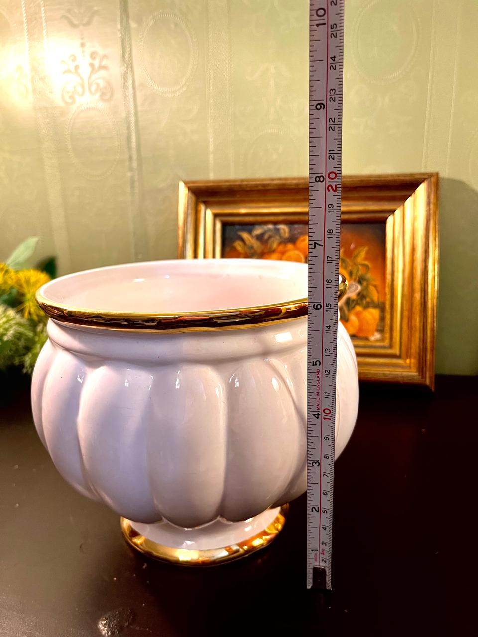 Vintage White Fluted Ceramic Planter with Gold Trim