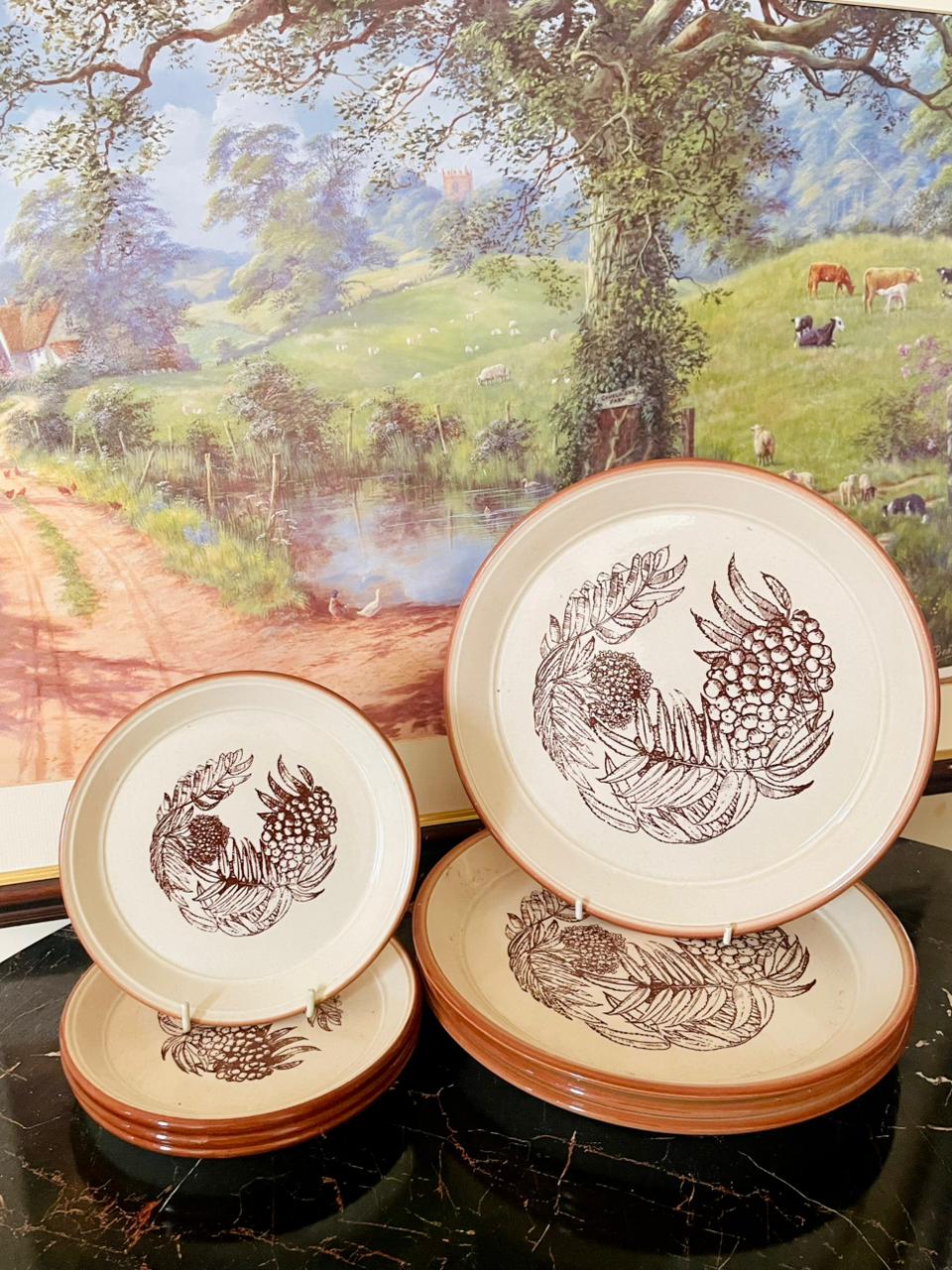 vintage ceramic dinner set, rustic terracotta rim plates, fruit leaf patterned crockery Pakistan, farmhouse style plates, European vintage tableware, rare thrift finds, collectible ceramic plates, heritage European treasures, rustic dining collection, antique kitchen décor