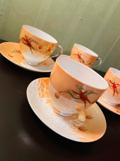 Set of 4 Vintage Bird Tea Cup & Saucer Set Floral China
