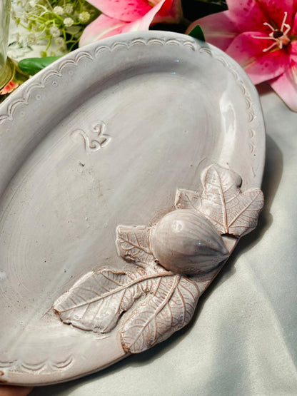 Hand painted Pink Fig & Leaf Ceramic Serving Dish 9 in