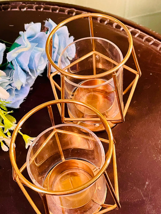 Gold Metal & Glass Tealight Candle Holder Set (2 Piece)