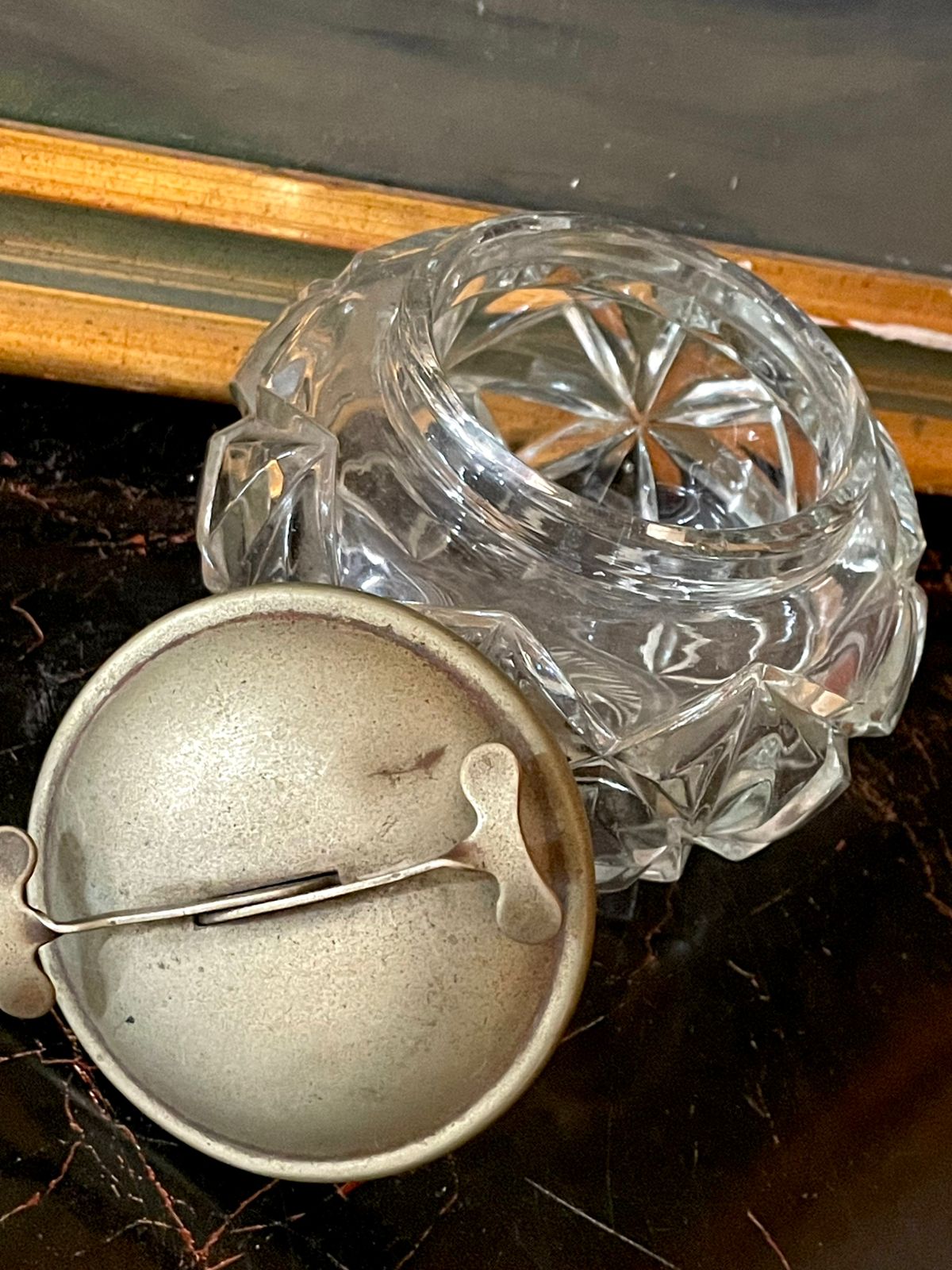 Antique Cut Glass Crystal Jar with Metal Lid – England