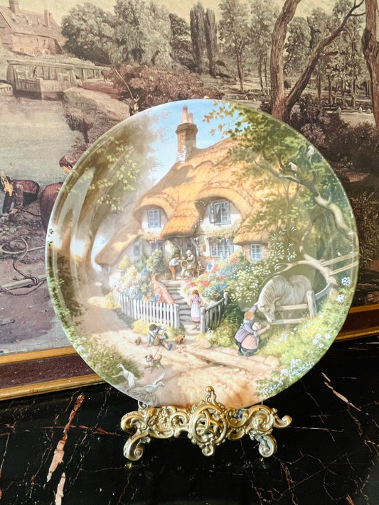 Royal Doulton Granny’s Cottage plate, Tale of a Country Village series, Robert Hersey art plate, English countryside decor, thatched cottage plate, collectible Royal Doulton, cottagecore wall decor, vintage English china, rare thrift finds Pakistan, pastoral village scene plate