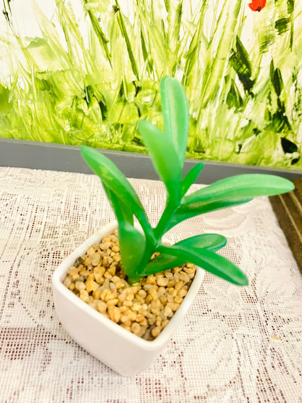 Mini Faux Green Plant in White Pot | Desk Decor
