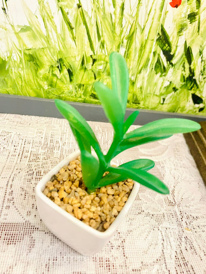 Mini Faux Green Plant in White Pot | Desk Decor