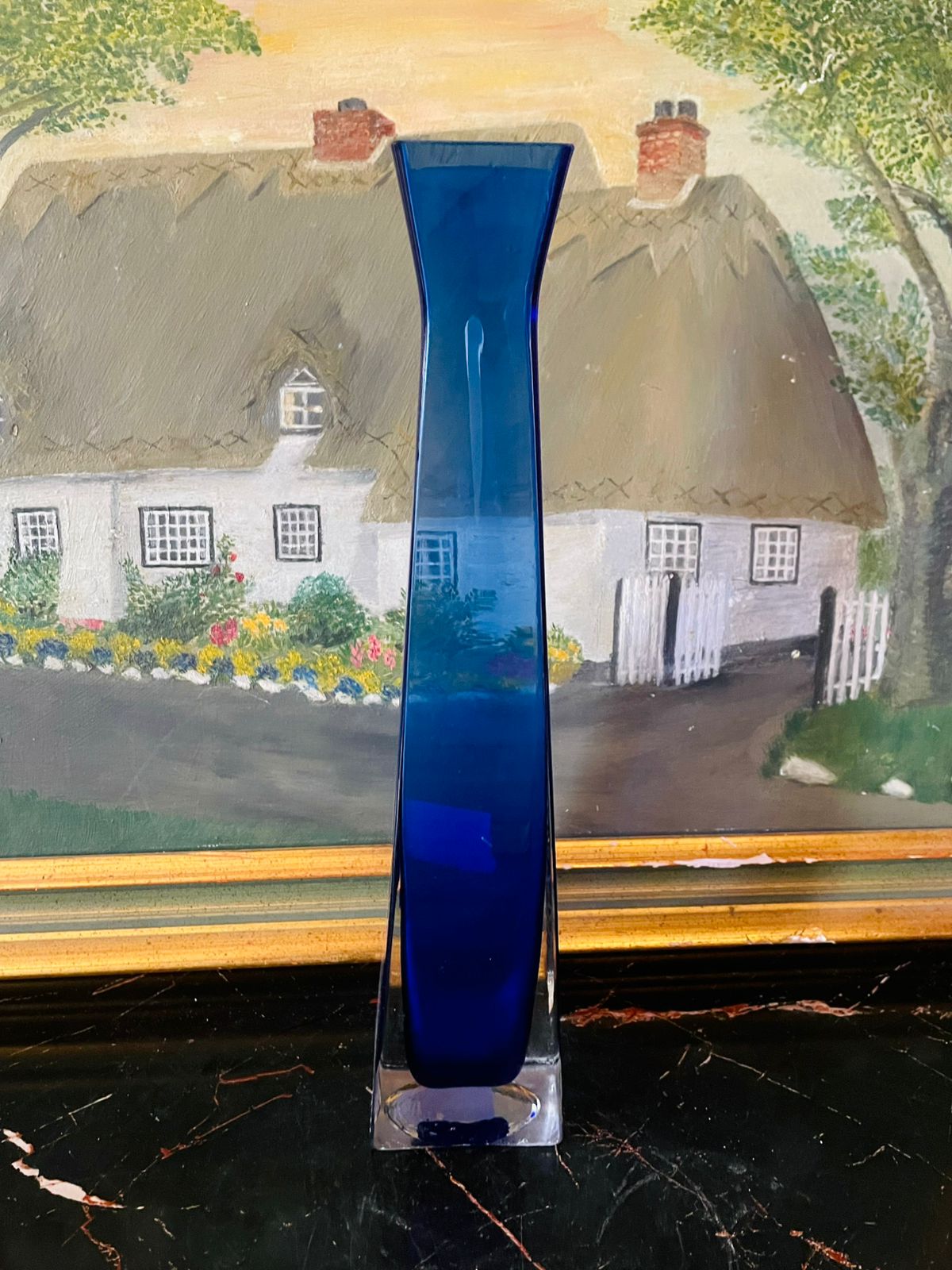 Tall Cobalt Blue Art Glass Vase – Modern Rectangular Design, 10 Inch