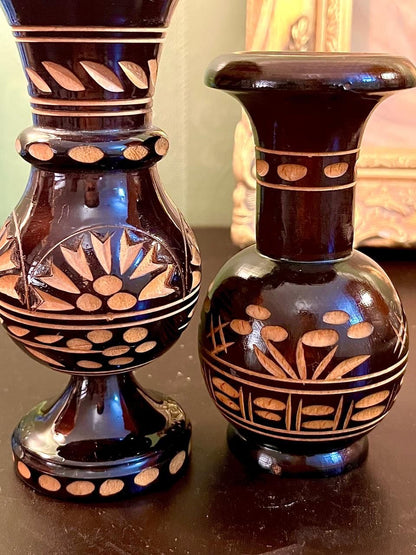 Set of 2 Vintage Brown Hand Painted Mini Vases 6 Inch