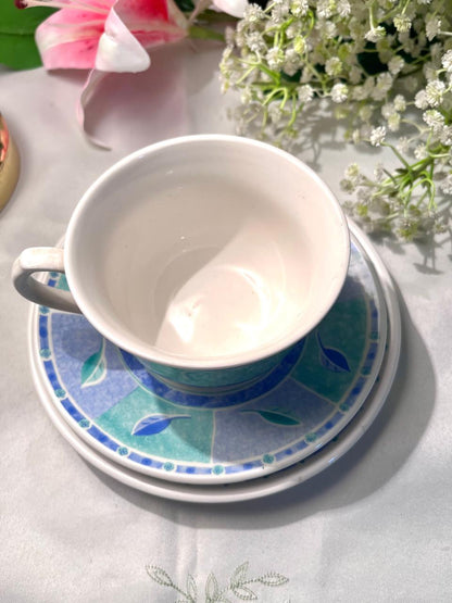 Blue & Green Geometric Cup, Saucer & Plate Set – 3 Pieces
