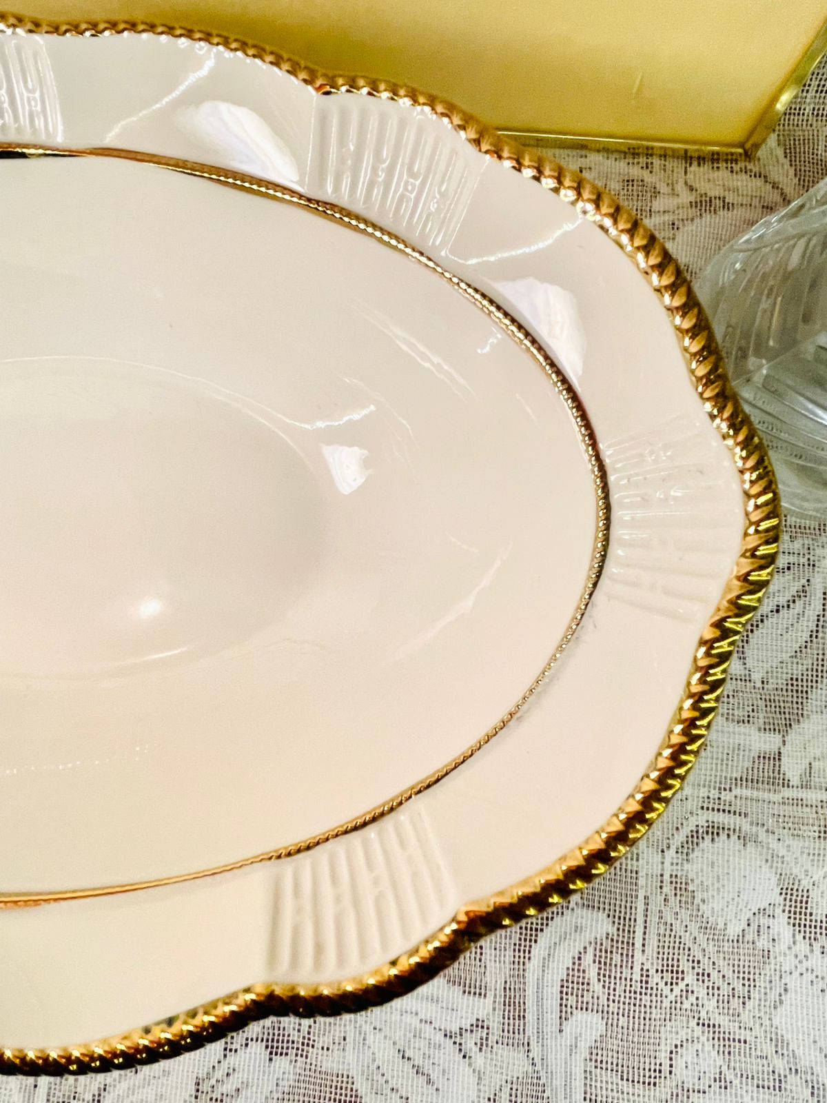 Vintage White Porcelain Serving Bowl with Gold Trim