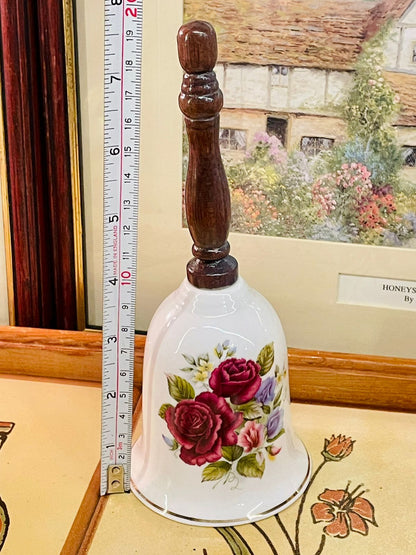 Vintage Floral China Bell with Wooden Handle – Rose Pattern