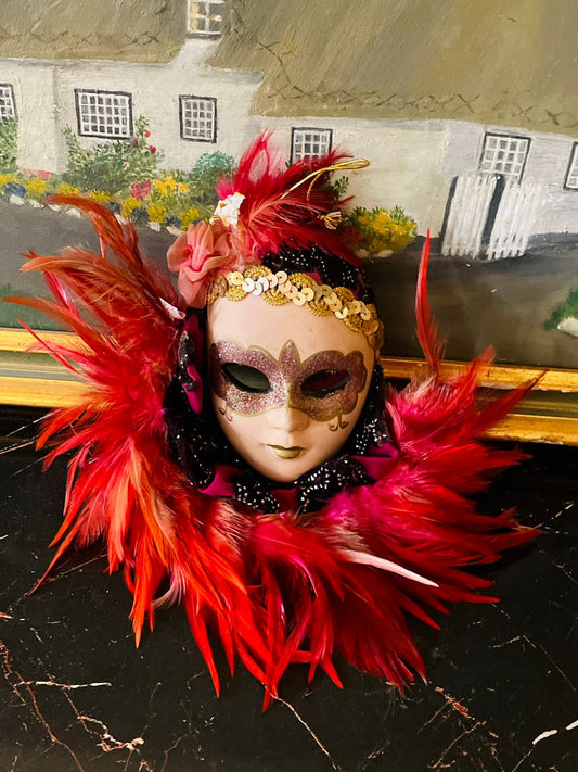 Venetian mask, masquerade decor, carnival wall art, feather mask, wall hanging mask, dramatic decor, statement home decor, pink feather mask, face art decor, Italy style mask, gothic decor, theatre decor, cosplay prop, party mask, vintage mask, handmade Venetian style