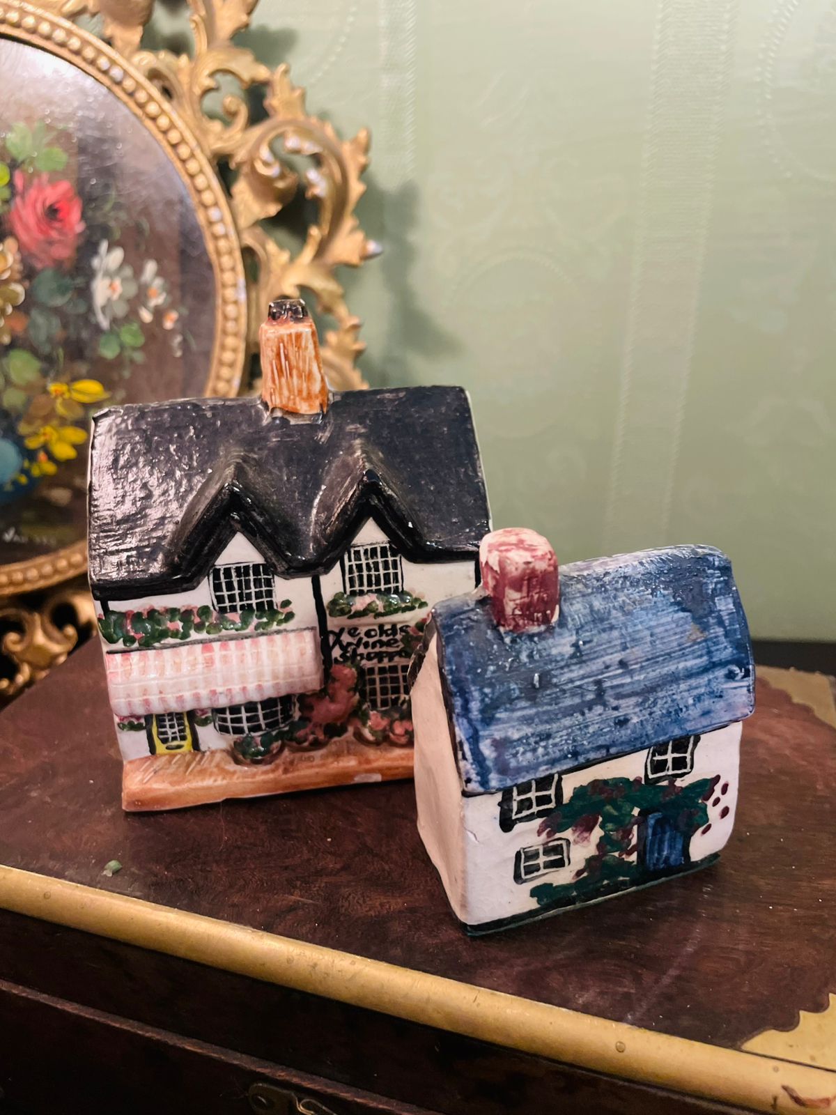 Vintage Miniature Cottage House Figurines Set of 2 Hand Painted Village Collectibles