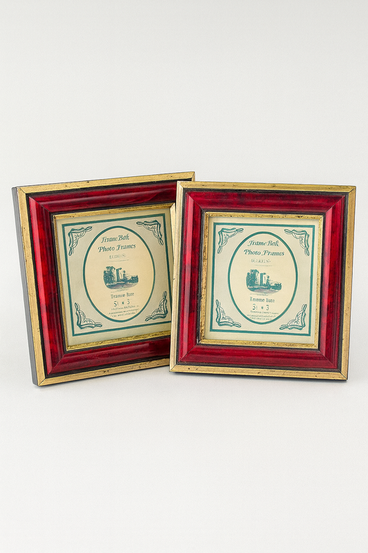 Set of 2 Antique Wooden Gold-Tone Red Velvet Rectangle Frames – Vintage Decor