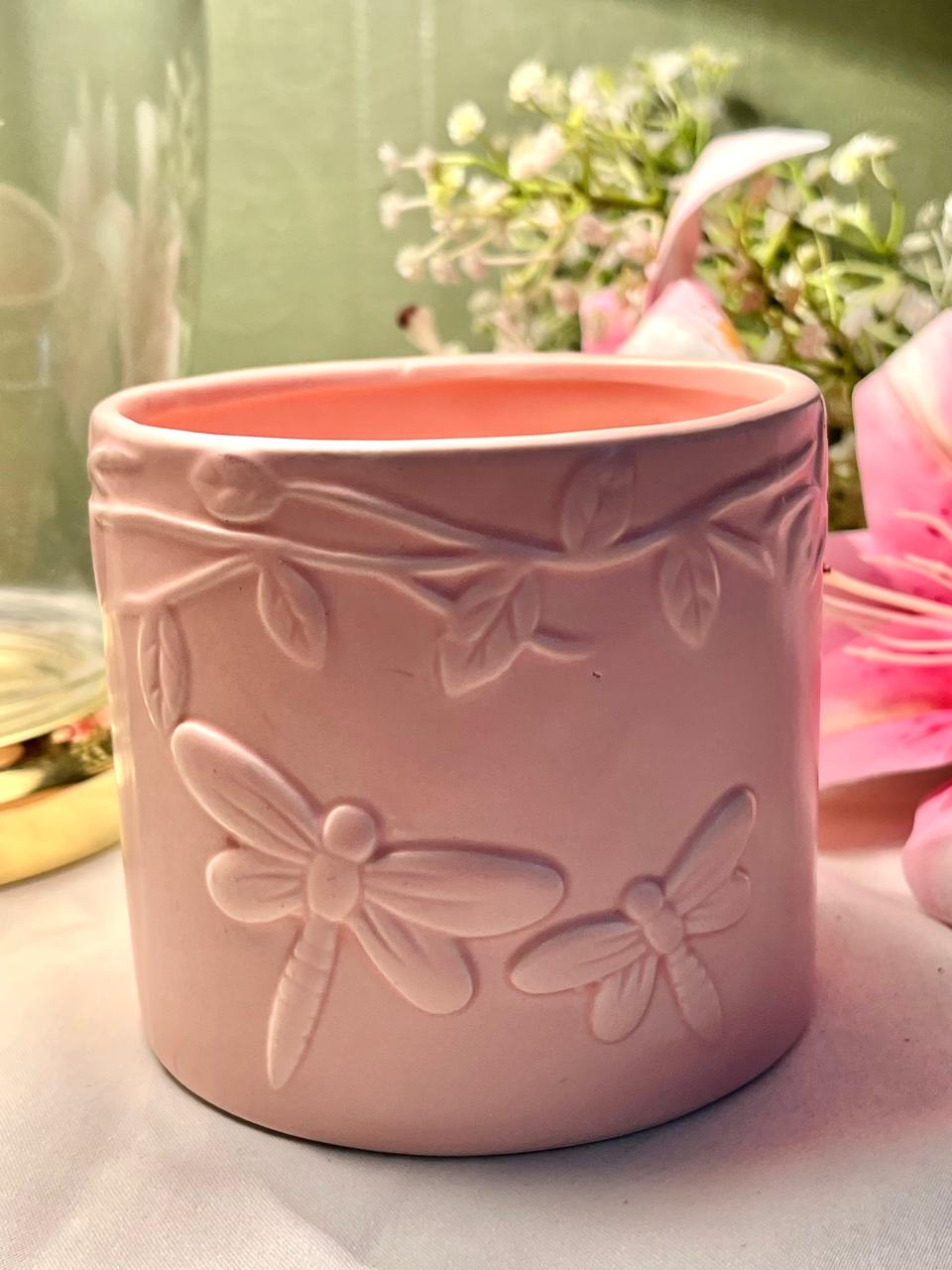 Pink Dragonfly Embossed Planter Pot – Approx. 4 Inch
