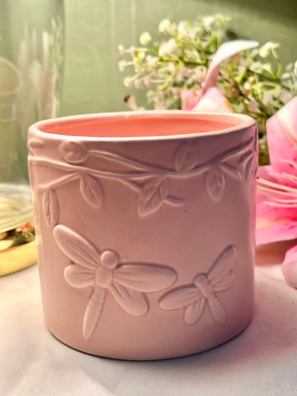 Pink Dragonfly Embossed Planter Pot – Approx. 4 Inch