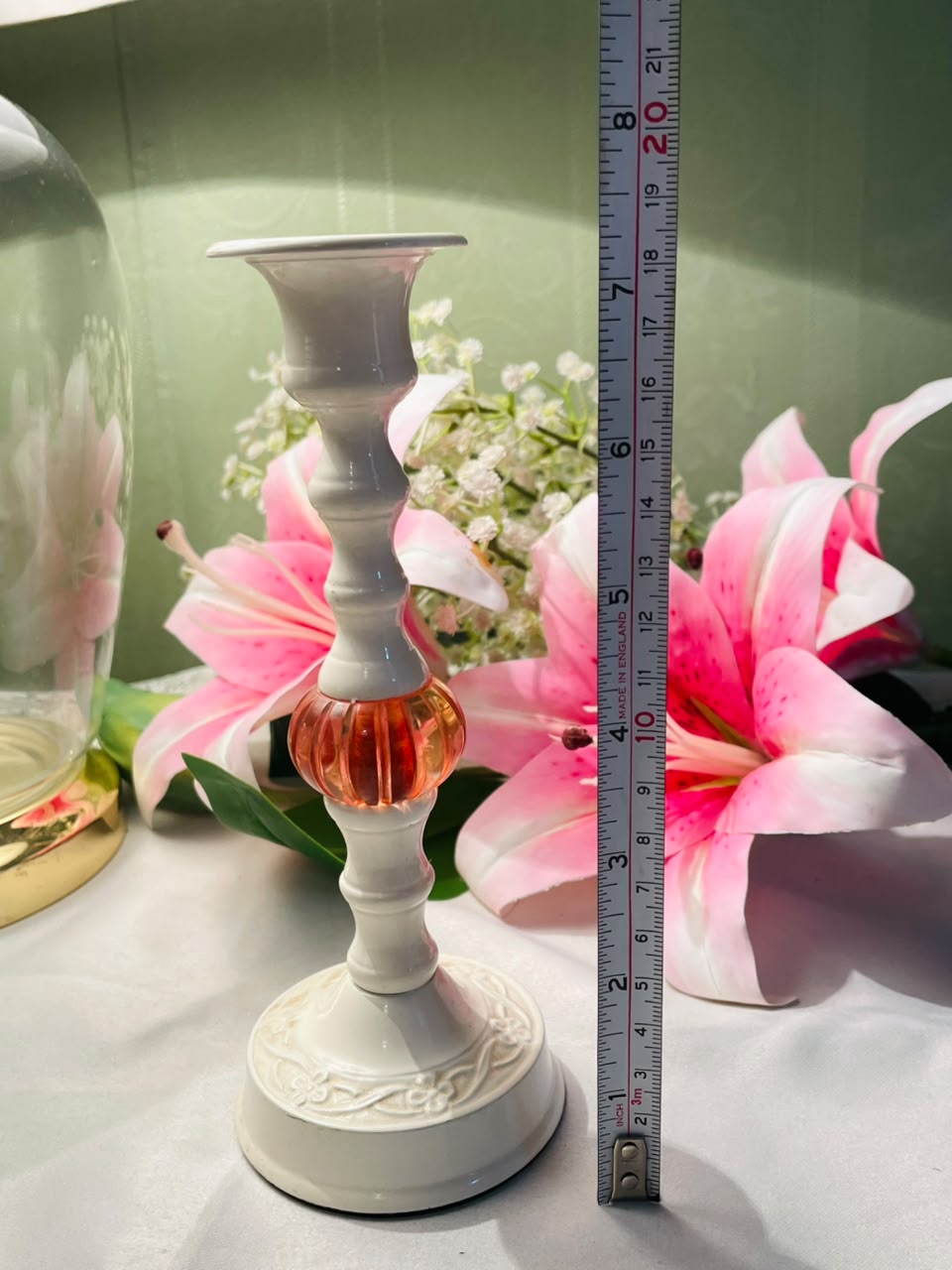White Candle Holder with Amber Crystal Accent Approx. 18 cm
