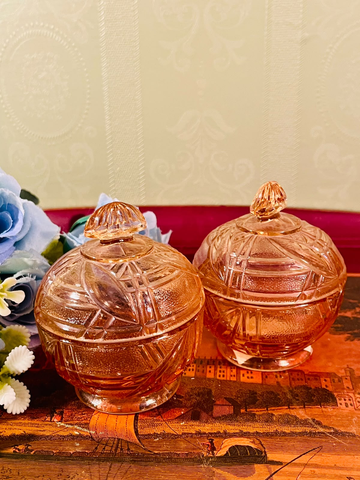 Amber Crystal Lidded Trinket Jars – Set of 2, 4 Inch