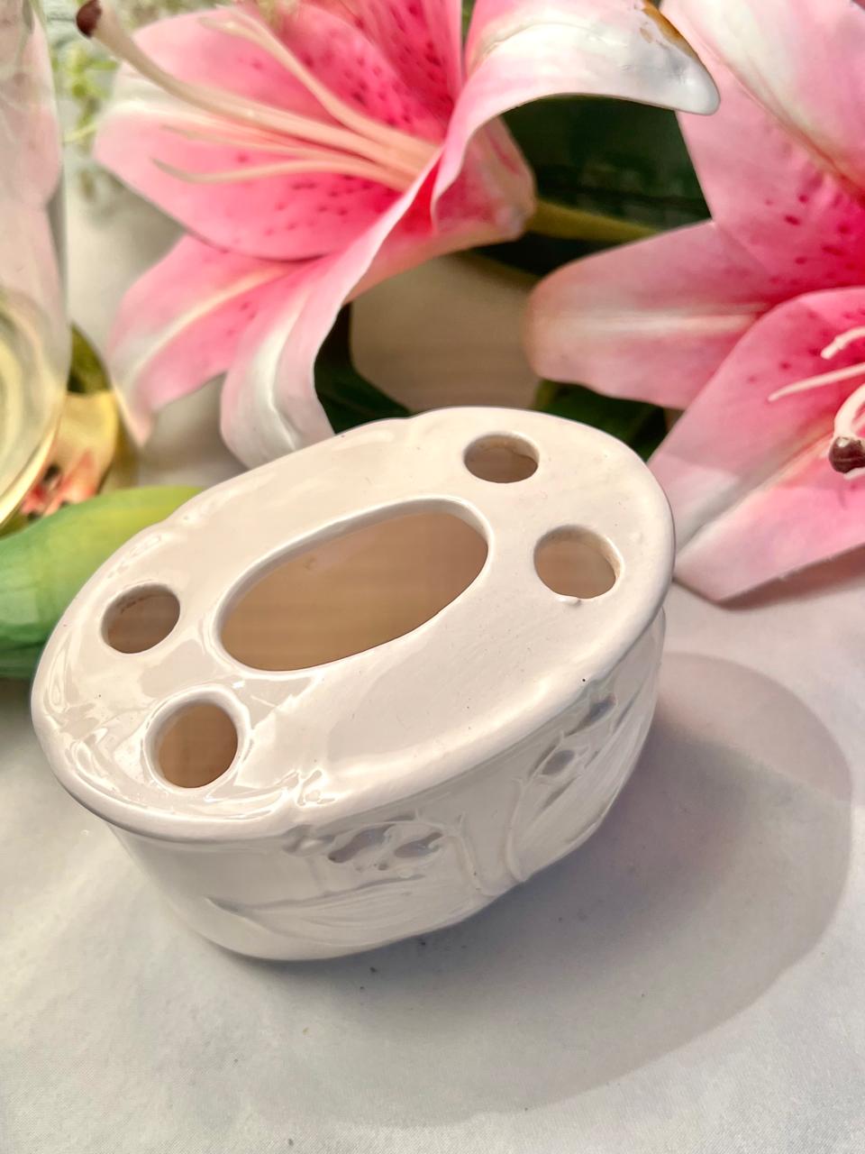 White Ceramic Flower Frog / Floral Arranging Holder – Oval 5-Hole Design, Approx. 10 cm