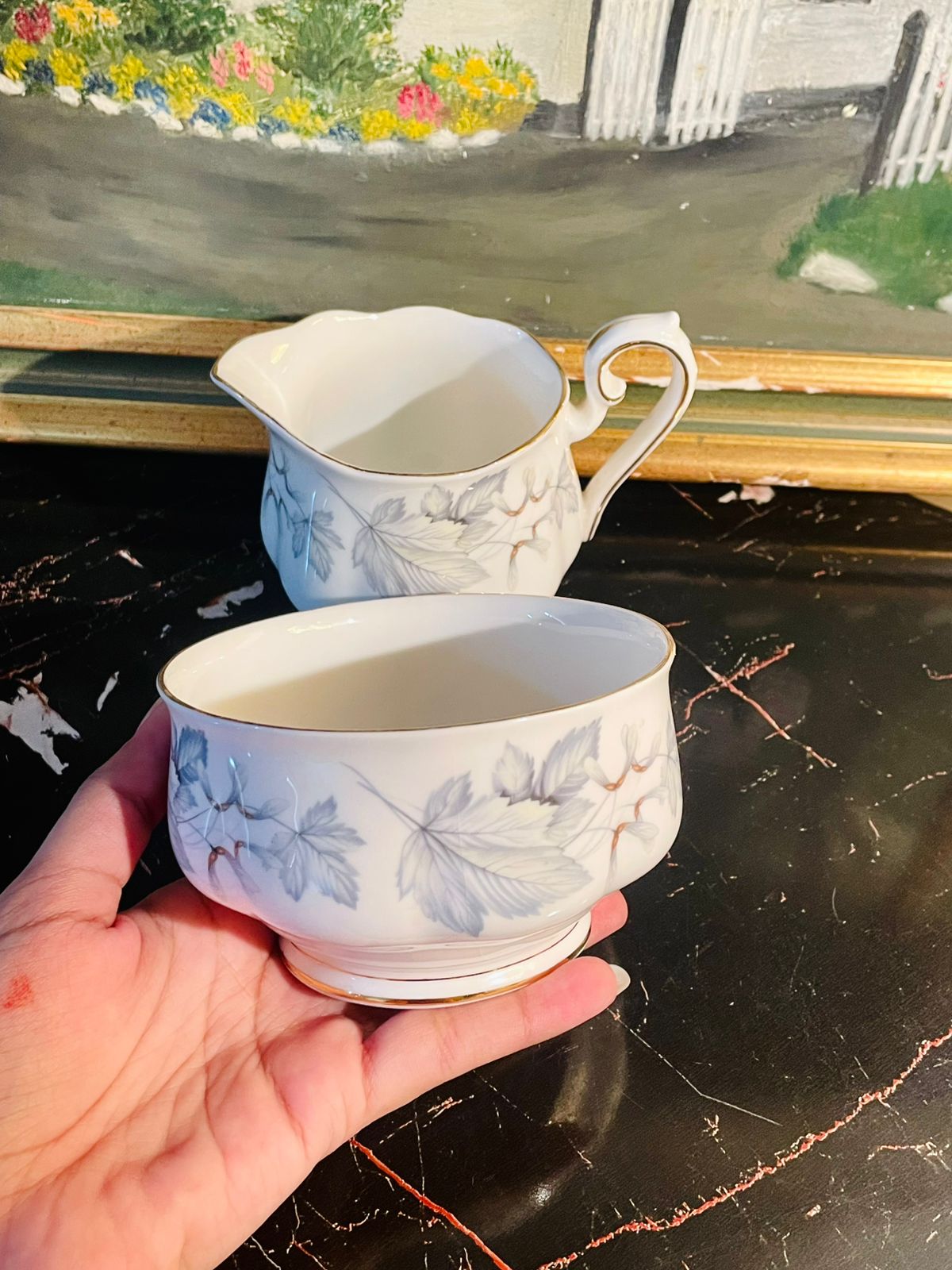 Royal Albert Vintage Fine Bone China Milk Jug & Sugar Bowl Set – Elegant Grey Leaf Floral Design with Gold Rim