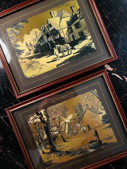 Set of 2 Vintage Framed Village Scene 3D illustration Art